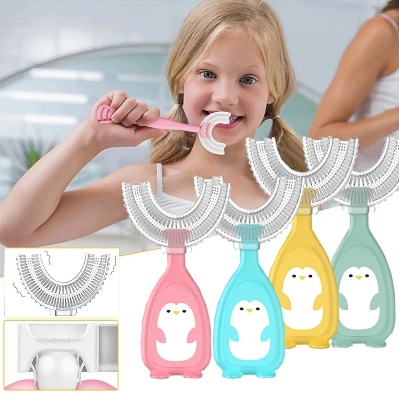Children Smart 360 Degree U-Shape Manual Toothbrush Cartoon Pattern Tooth Brush for 2-12 Years Old Kids with Soft Silicone Head