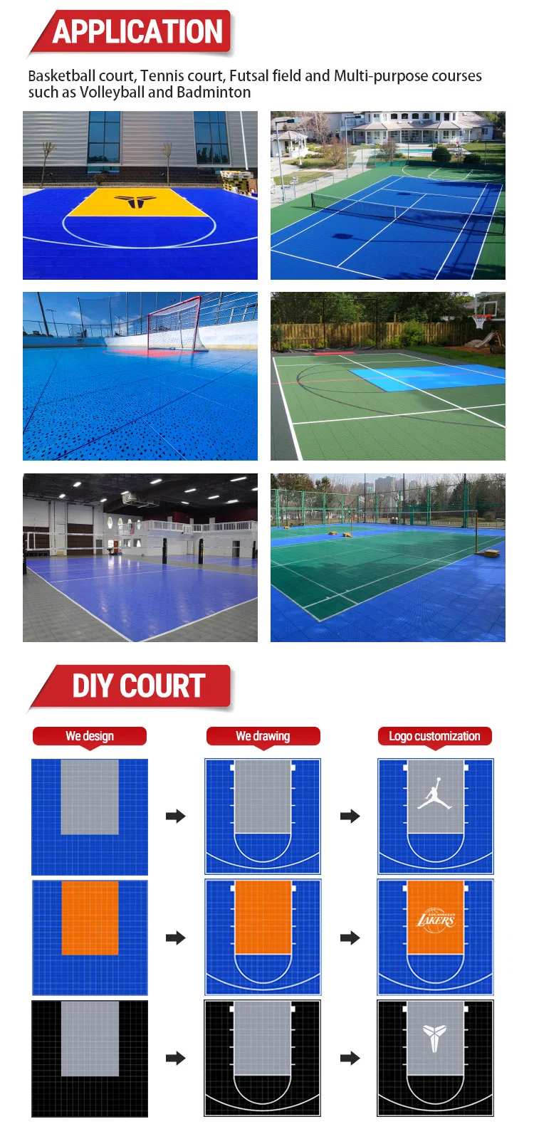 Sports Flooring System Tiles Removable Floor Stickers Multi-Purpose PP Modular Suspended Interlocking Plastic Flooring
